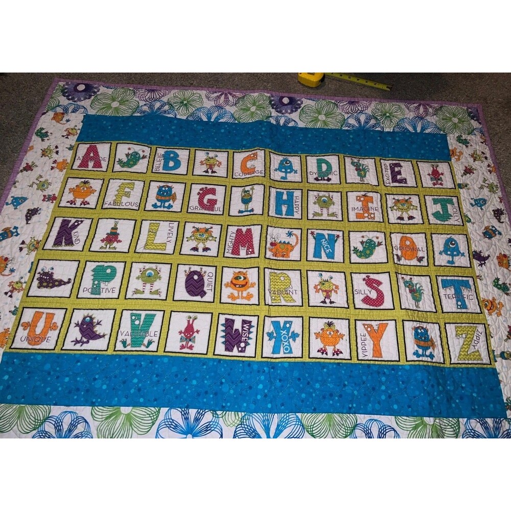 Patchwork Quilt hand quilted baby toddler crib alphabet Monsters Cute 76x48”